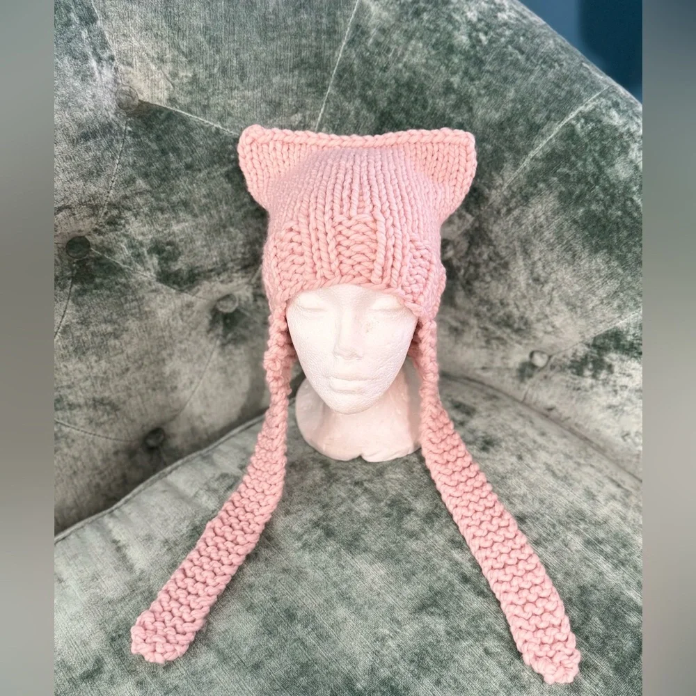 Handmade Hand Crafted Knit Ear Flap Cat Hat Adult Teen size Pink - Picture 8 of 10